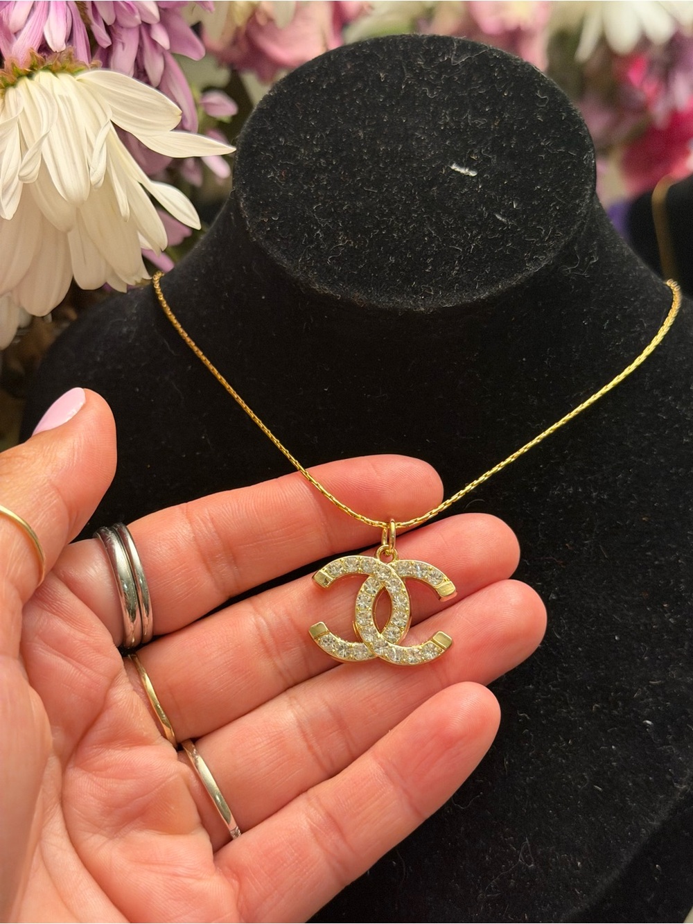 CC diamond charm on stainless steel Necklace